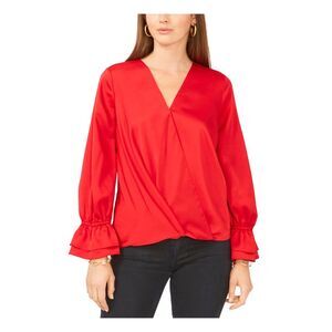 VINCE CAMUTO Womens Red Ruffled-cuff Long Sleeve Wear To Work Faux Wrap Top S